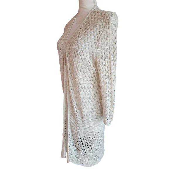 Christopher & Banks Off White Cream Crochet Knitted Open Long Cardigan Women's M - Picture 3 of 13